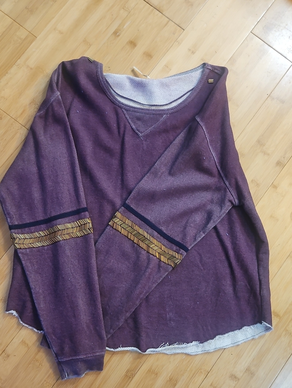 Free People  Embroidered  Pullover Sweatshirt Eith Gold Metal Bead Accents